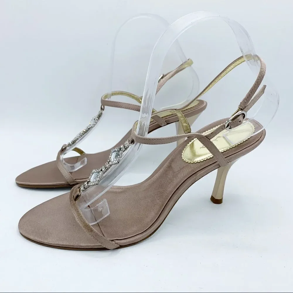Women's Nina Champagne‎ Satin Crystal Embellished Strappy Evening Sandal Sz 9